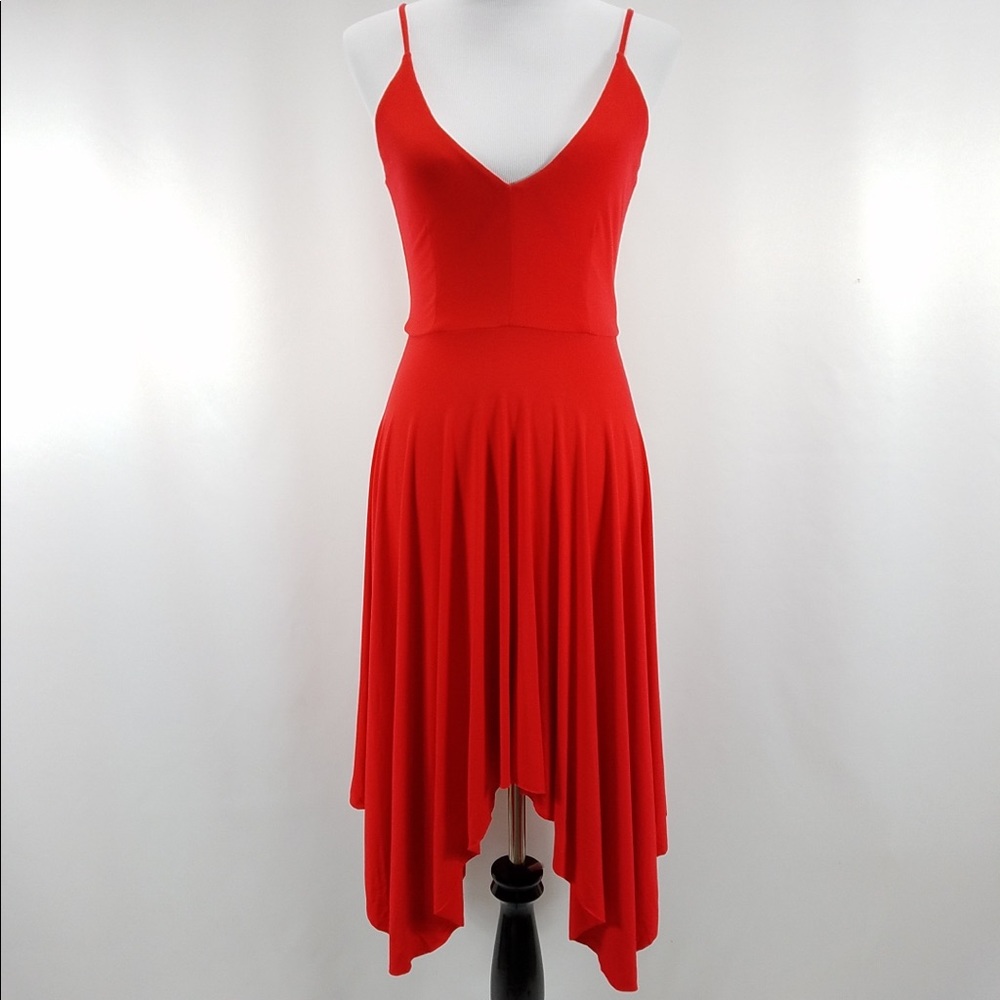 Olivaceous Red Asymmetrical Spaghetti Strap Dress